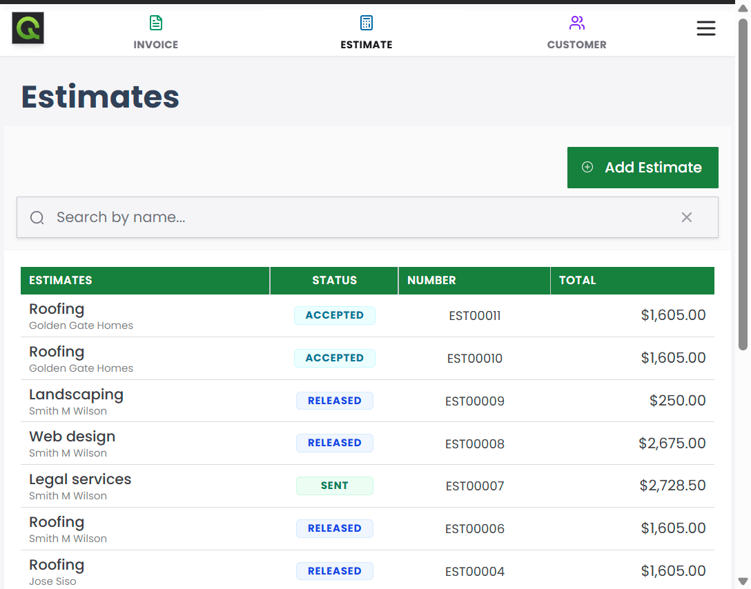 QuickAdmin estimates list