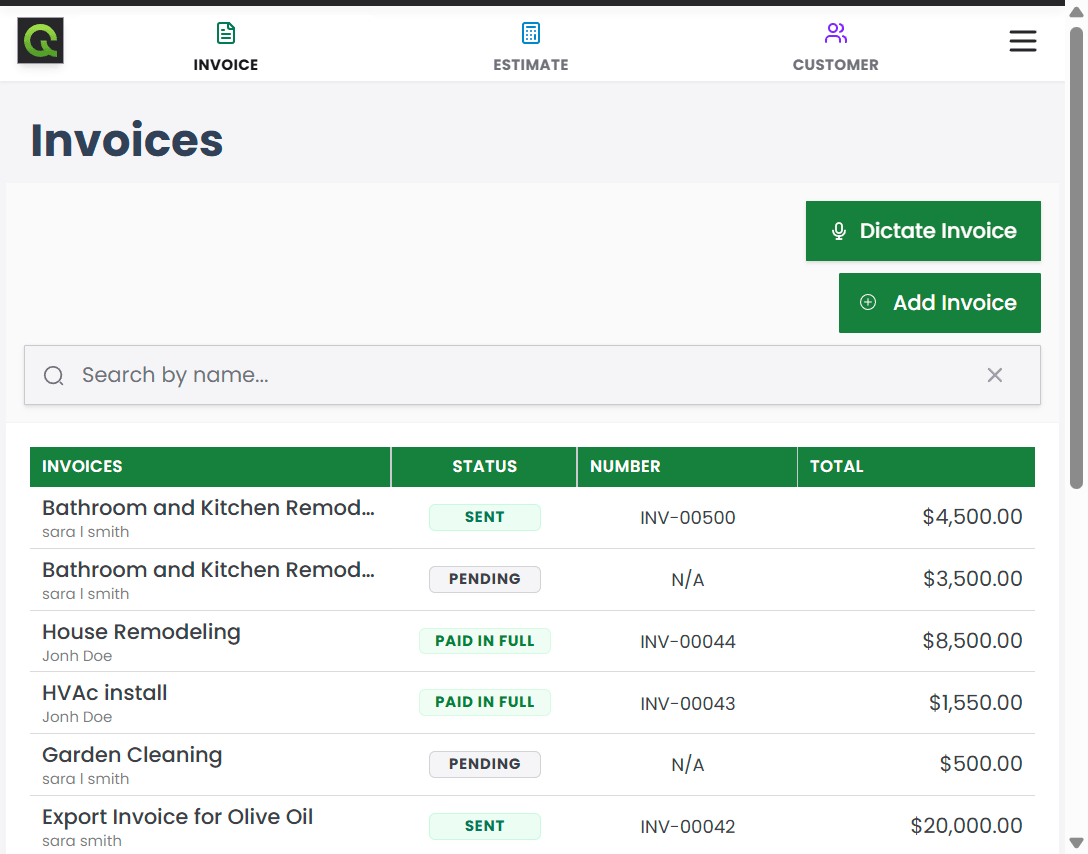 QuickAdmin invoices list